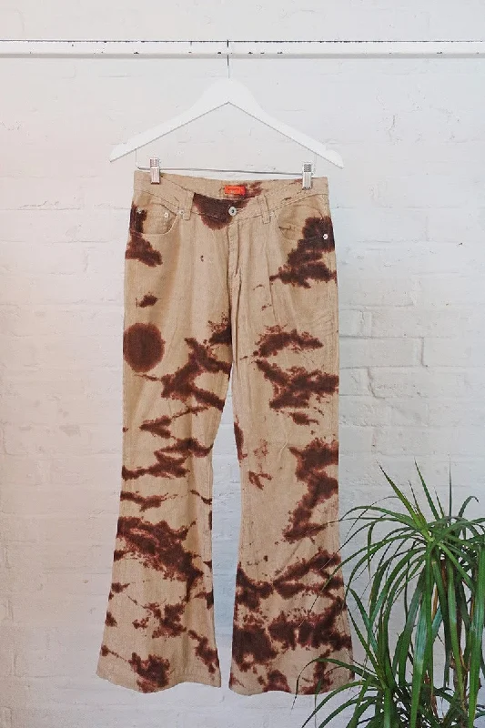 Vintage Trousers - Beige & Burgundy Wine Tie Dye Flares - W30 L32