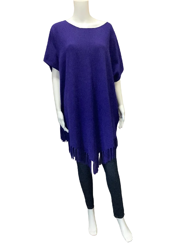 White and Warren Women's Poncho Purple Fringed Sweater Size: L