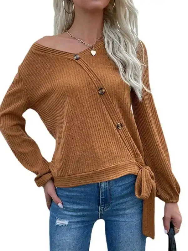 Women’s casual solid color button-decorated bottoming knitted sweater