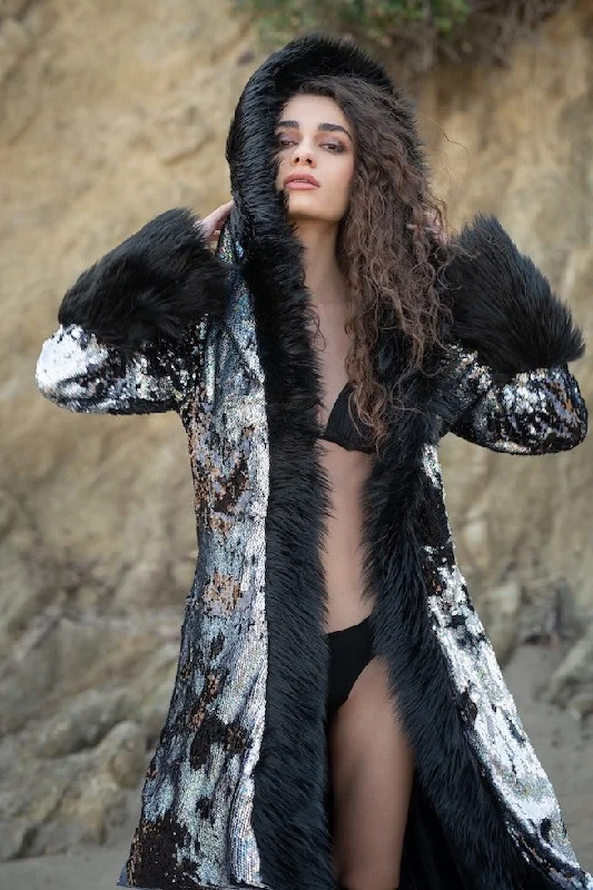 Women's Sequin Temptress Coat in ""Silver Hologram/ Black""