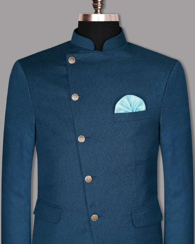 Yale Blue Subtle Diamond Textured Cross Placket Bandhgala/Mandarin Wool-Silk blend Blazer