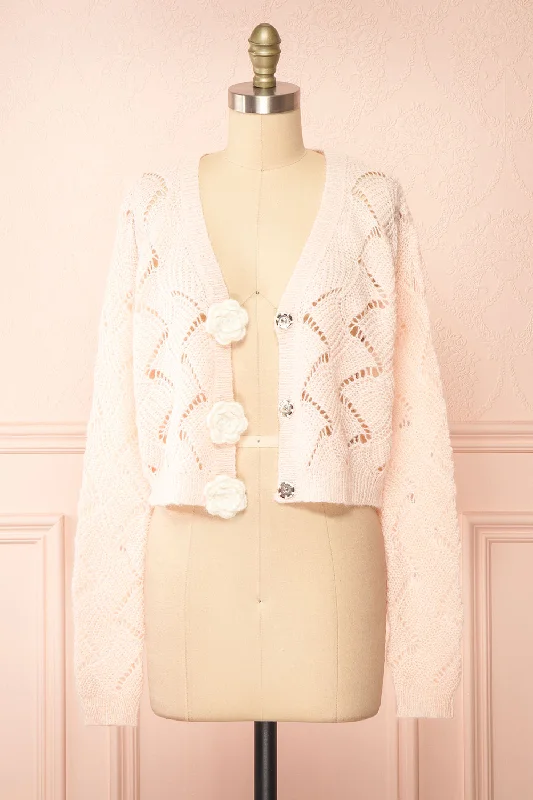 Cupidona | Pink Open-work Crochet Cardigan w/ Flowers