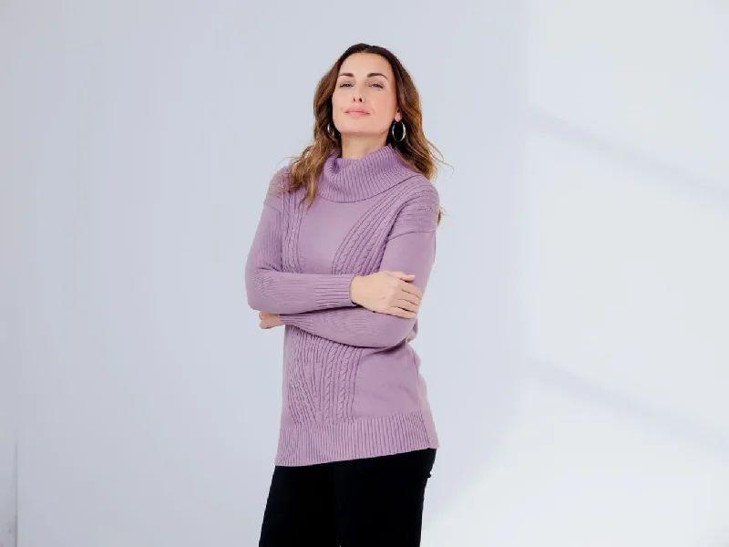 Lavender High Neck Self Designed Sweater