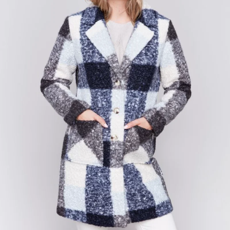 Bouclé Tailored Collar Coat - Navy Plaid