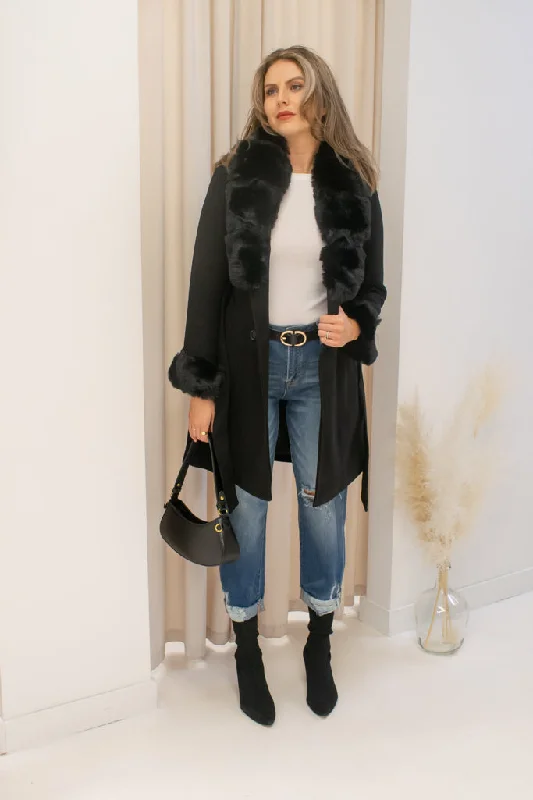 NEW MELISSA WOOL FAUX FUR TRENCH COAT (BLACK)