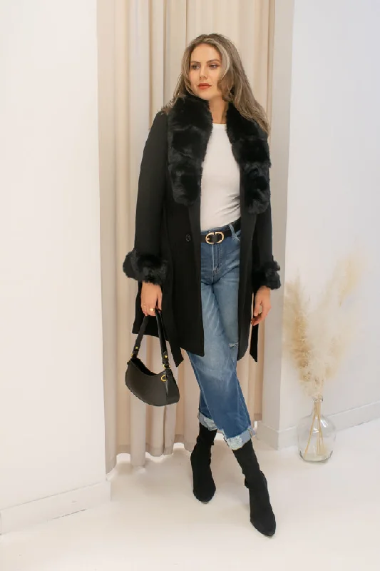 NEW MELISSA WOOL FAUX FUR TRENCH COAT (BLACK)