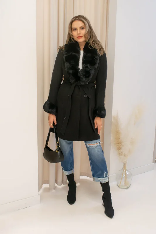 NEW MELISSA WOOL FAUX FUR TRENCH COAT (BLACK)