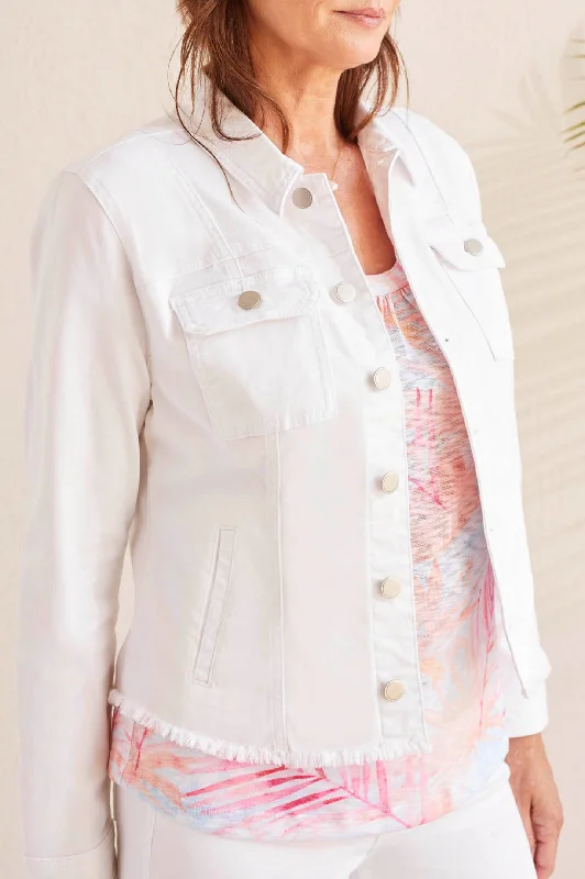 Tribal Raw Hem White Denim Jacket